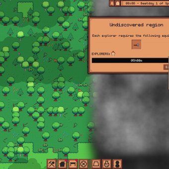 a green prairie surrounded by fog