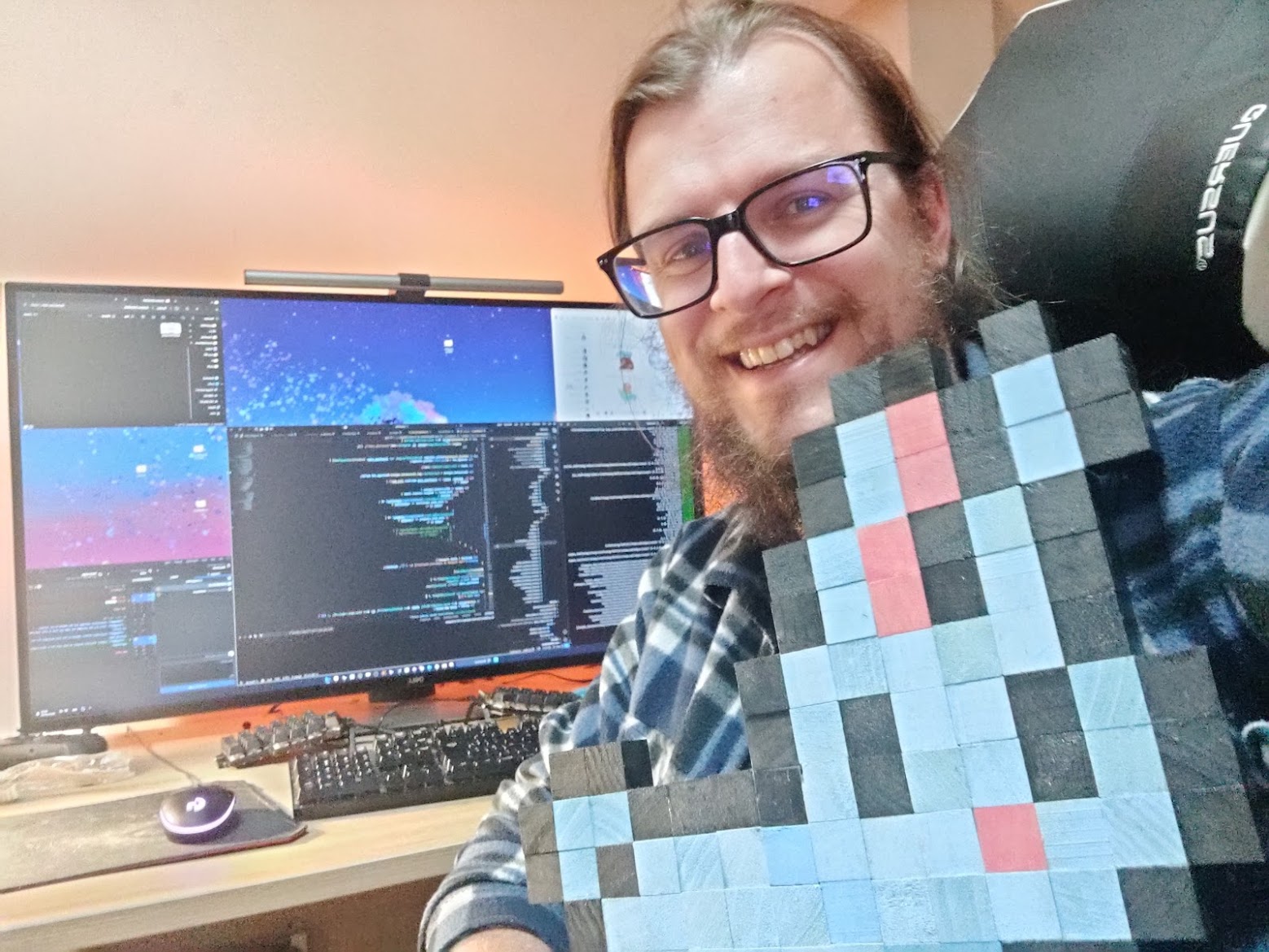 Me and a wooden version of a pixel art rabbit